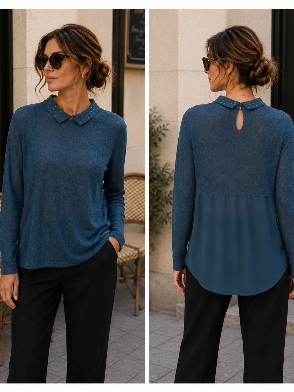 Peter Pan Collar Knit Blouse Top L/XL French Chic Parisian